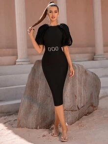 Đầm Thắt lưng Tương phản Mesh viền lá sen Dây kéo màu trơn Thanh lịch - màu đen - Xem 6