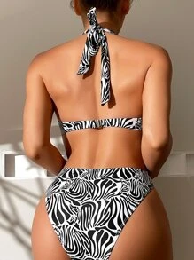 Zebra Striped Halter Underwire Summer Beach Bikini Set - Black and White - View 2