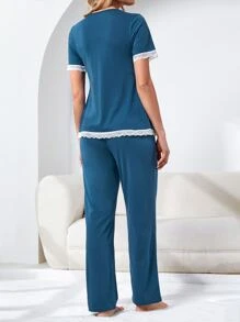 SHEIN Maternity Contrast Lace Trim PJ Set - Navy Blue - View 2