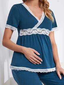 SHEIN Maternity Contrast Lace Trim PJ Set - Navy Blue - View 5