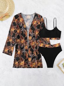Summer Beach Random Tropical Print Bikini Set Wireless Bra Top & High Waist Bikini Bottom & Kimono 3 Pieces Bikini - Orange - View 3