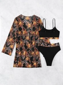 Summer Beach Random Tropical Print Bikini Set Wireless Bra Top & High Waist Bikini Bottom & Kimono 3 Pieces Bikini - Orange - View 4