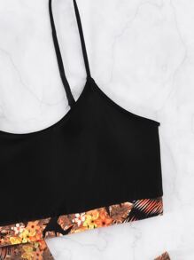 Summer Beach Random Tropical Print Bikini Set Wireless Bra Top & High Waist Bikini Bottom & Kimono 3 Pieces Bikini - Orange - View 5