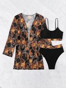 Summer Beach Random Tropical Print Bikini Set Wireless Bra Top & High Waist Bikini Bottom & Kimono 3 Pieces Bikini - Orange - View 6