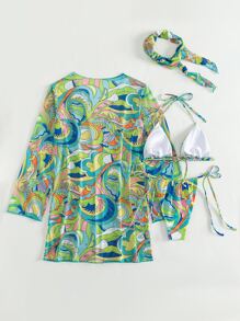 Swim SXY 滿版印花比基尼套裝三角形文胸和和側繫帶丁字褲下裝和罩衫和方巾4入組泳衣 - 彩色 - 查看 4