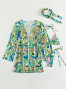 Swim SXY 滿版印花比基尼套裝三角形文胸和和側繫帶丁字褲下裝和罩衫和方巾4入組泳衣 - 彩色 - 查看 7