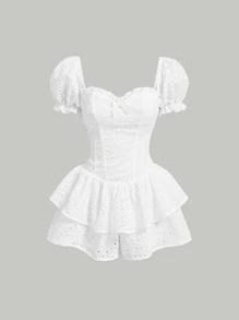 SHEIN MOD Eyelet Embroidery Sweetheart Neck Puff Sleeve Romper - White - View 1