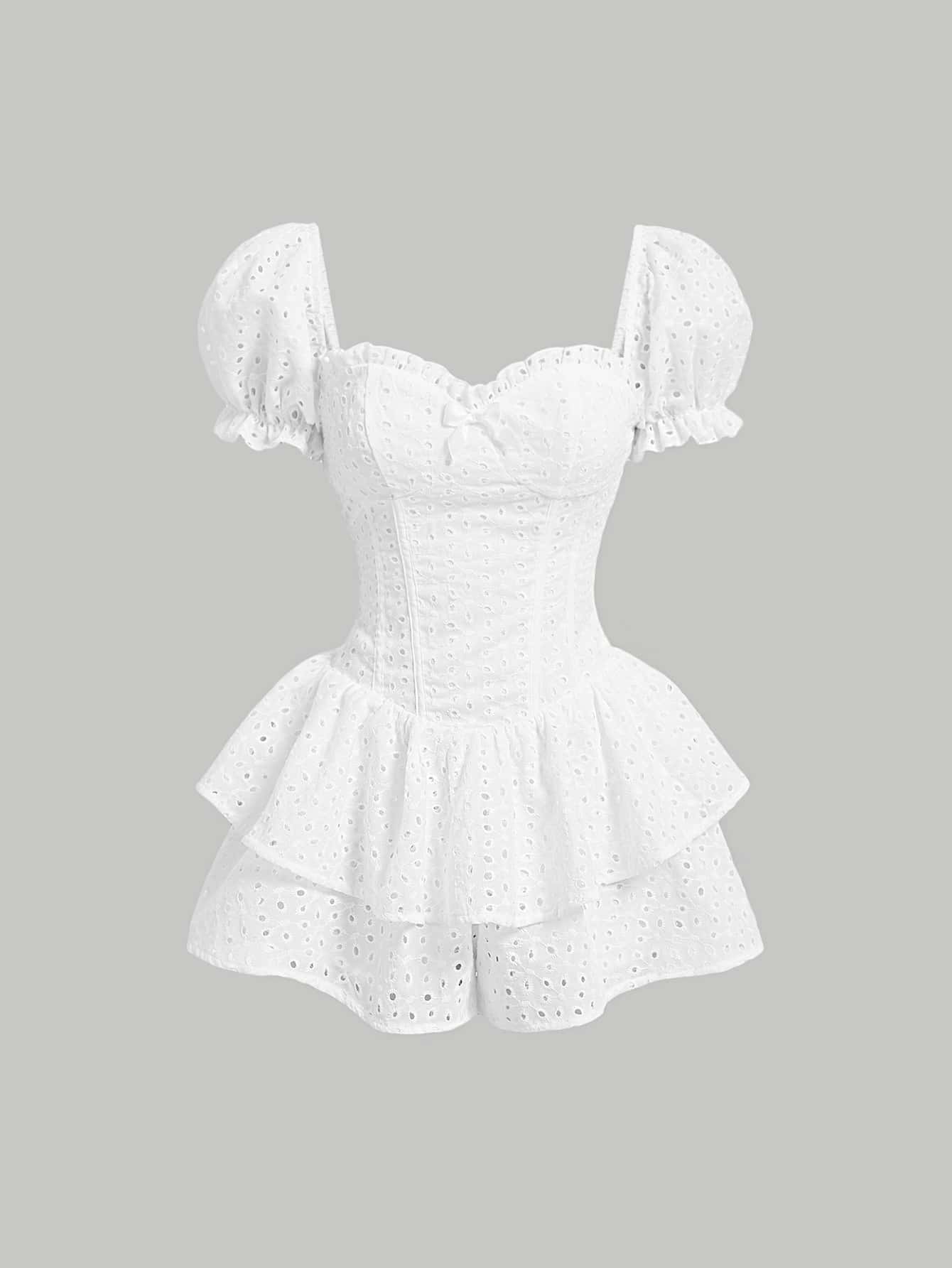 SHEIN MOD Eyelet Embroidery Sweetheart Neck Puff Sleeve Romper - White - View 1