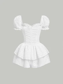 SHEIN MOD Eyelet Embroidery Sweetheart Neck Puff Sleeve Romper - White - View 2