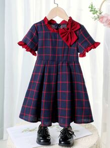 小女童格紋印花荷葉袖前蝴蝶結洋裝