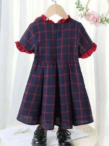 小女童格紋印花荷葉袖前蝴蝶結洋裝