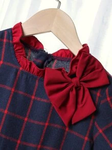 小女童格紋印花荷葉袖前蝴蝶結洋裝