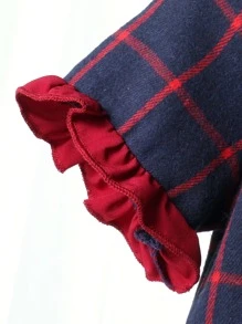 小女童格紋印花荷葉袖前蝴蝶結洋裝