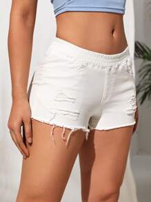 SHEIN SXY Ripped Raw Hem Denim Shorts - White - View 3