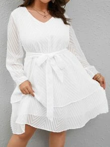 SHEIN VCAY Plus Lantern Sleeve Belted Dress - White - View 1