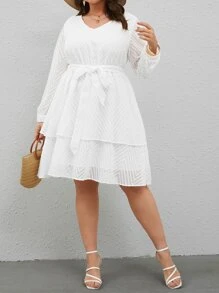 SHEIN VCAY Plus Lantern Sleeve Belted Dress - White - View 4