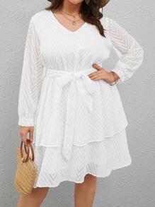 SHEIN VCAY Plus Lantern Sleeve Belted Dress - White - View 5