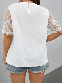 SHEIN VCAY Plus Contrast Lace Keyhole Neckline Blouse - White - View 2