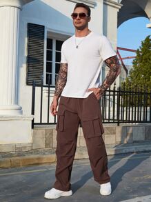 Manfinity Homme Pantalones De Carga De Talla Grande Y Estilo Holgado Para Hombres Con Bolsillos De Solapa En Los Laterales - Café integral - Ver 5