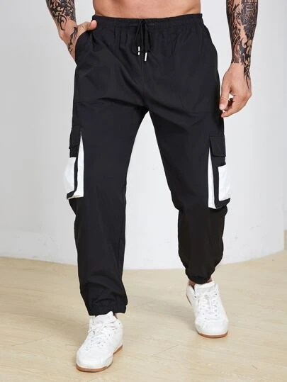 Manfinity 男士撞色側翻蓋口袋腰部抽繩工裝褲