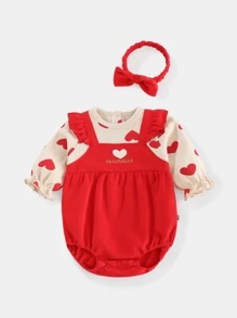 Peninsula Baby 女嬰彈簧和秋天紅色愛心刺繡拼貼連體衣 - 彩色 - 查看 1