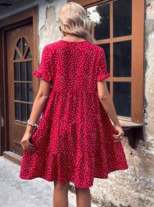 SHEIN VCAY 波點圖案半排扣荷葉邊娃娃裙 - 紅色 - 查看 2