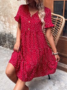 SHEIN VCAY 波點圖案半排扣荷葉邊娃娃裙 - 紅色 - 查看 3