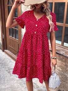 SHEIN VCAY 波點圖案半排扣荷葉邊娃娃裙 - 紅色 - 查看 4