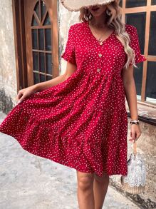 SHEIN VCAY 波點圖案半排扣荷葉邊娃娃裙 - 紅色 - 查看 5