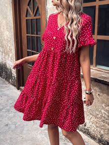 SHEIN VCAY 波點圖案半排扣荷葉邊娃娃裙 - 紅色 - 查看 6