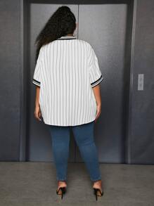 SHEIN CURVE+ Plus Striped & Letter Graphic Drop Shoulder Shirt - White - View 2