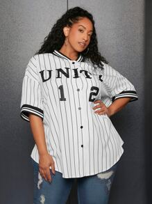 SHEIN CURVE+ Plus Striped & Letter Graphic Drop Shoulder Shirt - White - View 4