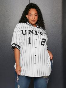 SHEIN CURVE+ Plus Striped & Letter Graphic Drop Shoulder Shirt - White - View 5