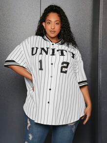 SHEIN CURVE+ Plus Striped & Letter Graphic Drop Shoulder Shirt - White - View 6