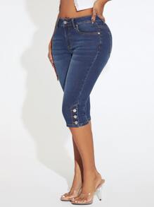 SHEIN SXY 紐扣細節緊身中長牛仔褲 - 深色水洗藍 - 查看 3