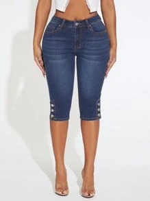 SHEIN SXY 紐扣細節緊身中長牛仔褲 - 深色水洗藍 - 查看 1