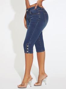 SHEIN SXY 紐扣細節緊身中長牛仔褲 - 深色水洗藍 - 查看 4