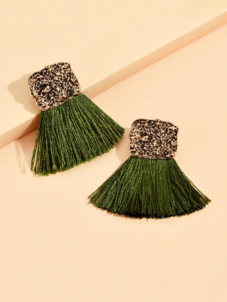 1 对复古休闲优雅纹理流苏装饰耳环女士女孩配饰珠宝 - 墨綠色 - 查看 1