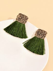 1 对复古休闲优雅纹理流苏装饰耳环女士女孩配饰珠宝 - 墨綠色 - 查看 2