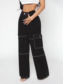 SHEIN SXY Quần jean nữ Dây kéo Nút Túi Đường may lộ ra ngoài màu trơn - màu đen - Xem 2