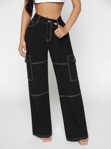 SHEIN SXY Quần jean nữ Dây kéo Nút Túi Đường may lộ ra ngoài màu trơn - màu đen - Xem 1