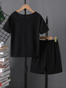 Chicos Shorts con camiseta reflectante con estampado de dibujos animados - Negro - Ver 2