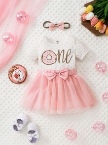 Đứa bé gái Chấm bi Đồ họa Chữ cái Áo liền quần chặt & Nơ mặt trước Lưới Váy & Băng đô đầu - Nhiều màu - Xem 1