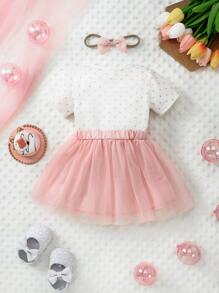 Đứa bé gái Chấm bi Đồ họa Chữ cái Áo liền quần chặt & Nơ mặt trước Lưới Váy & Băng đô đầu - Nhiều màu - Xem 2