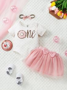 Đứa bé gái Chấm bi Đồ họa Chữ cái Áo liền quần chặt & Nơ mặt trước Lưới Váy & Băng đô đầu - Nhiều màu - Xem 6