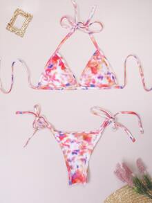 Tie Dye Halter Triangle Summer Beach Bikini Set - Multicolor - View 3