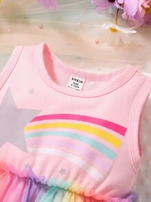 Baby Rainbow Striped Ombre Mesh Overlay Bodysuit & Headband - Pink - View 3