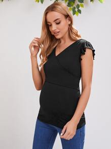 SHEIN Maternity V Neck Ruffle Armhole Tee - Black - View 3