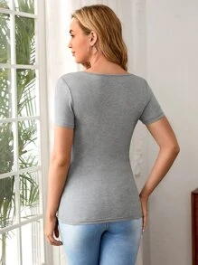 SHEIN Maternity V-neck Solid Nursing Tee - Light Grey - View 2
