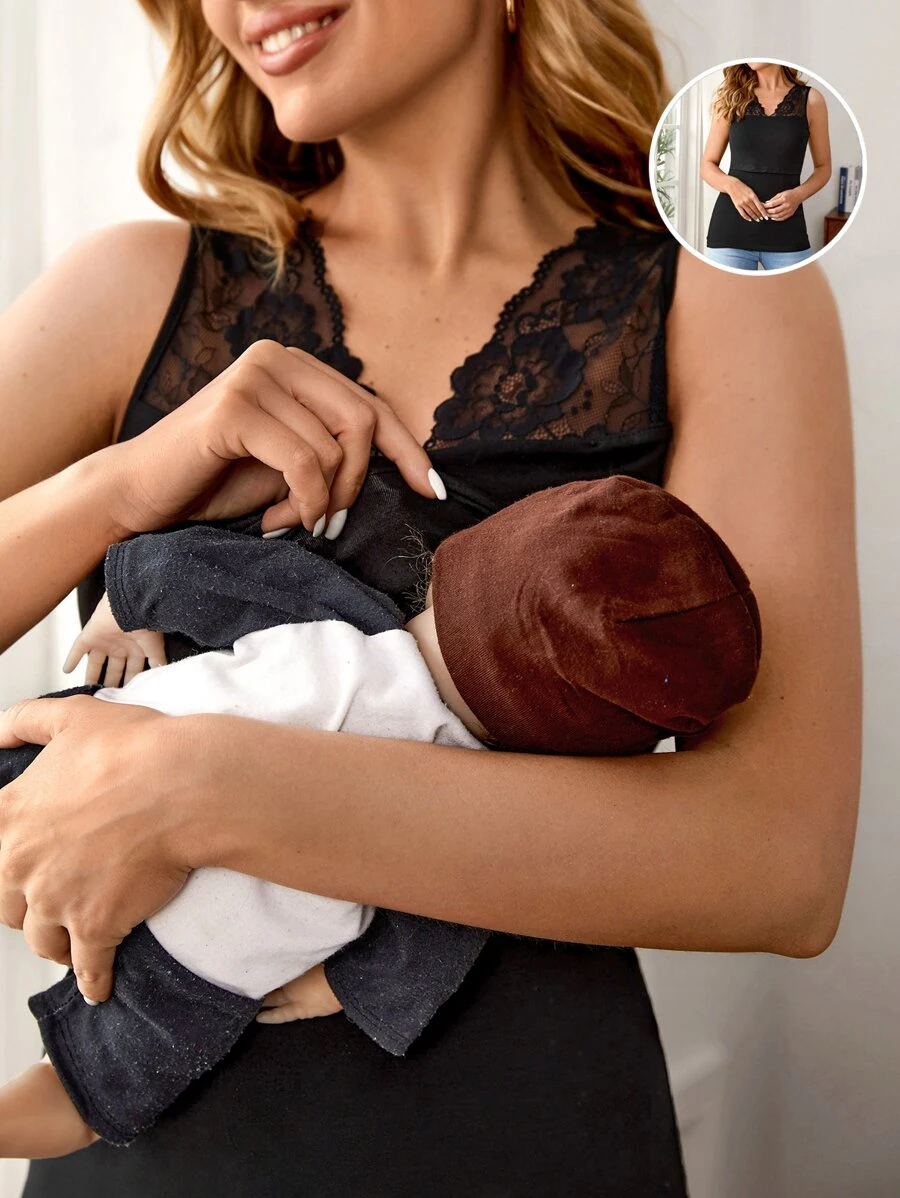 SHEIN Maternity Nursing Detail Contrast Lace Tank Top - Black - View 1